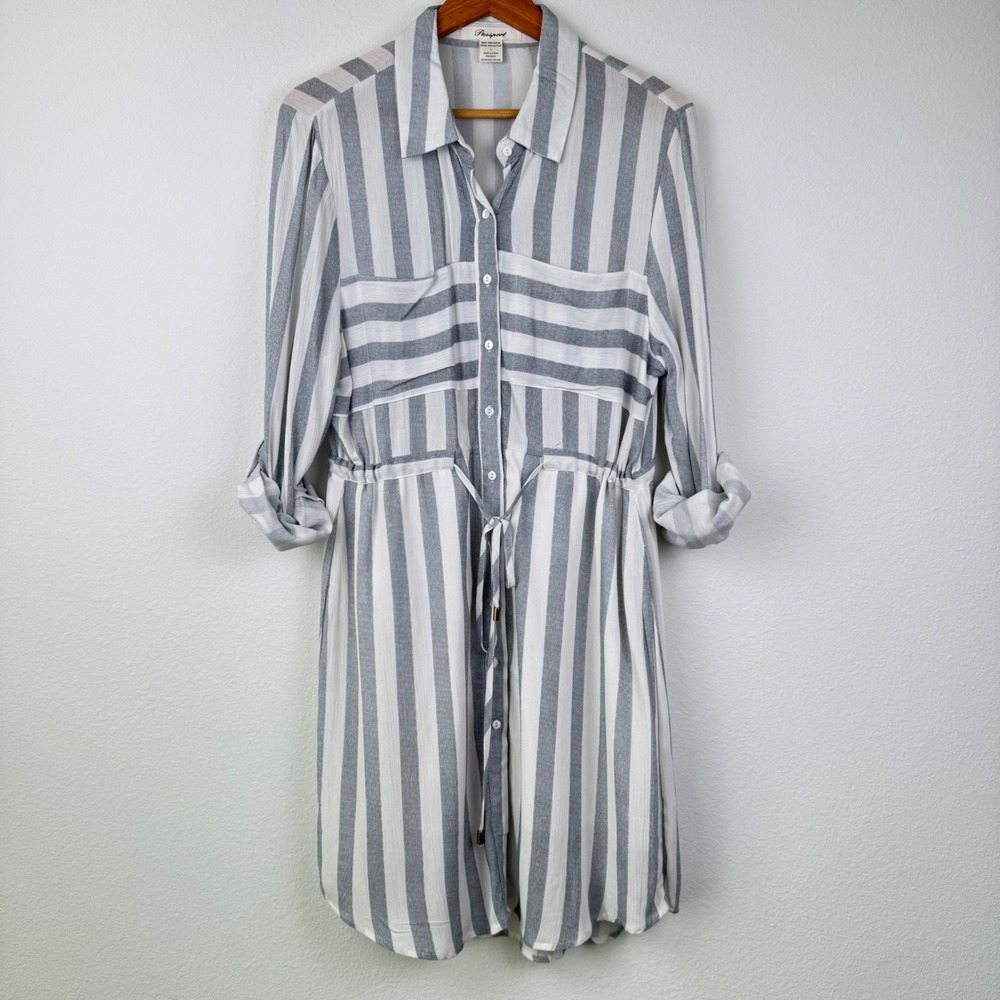 Passport Shirt Dress Womens L Grey White Striped Excellent Coastal Chic Casual